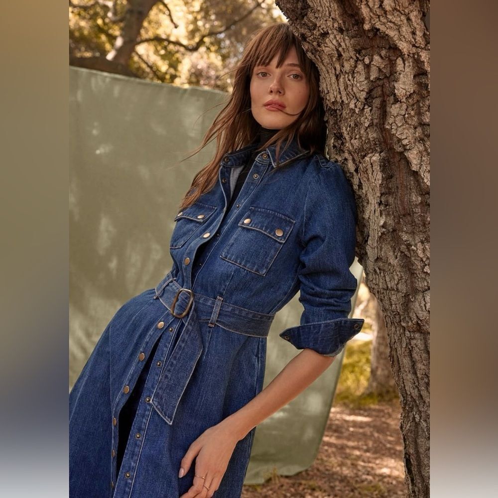 Amour Vert Midi Shirt Dress Denim Blue Long Sleeve Belt Sz Small MWT